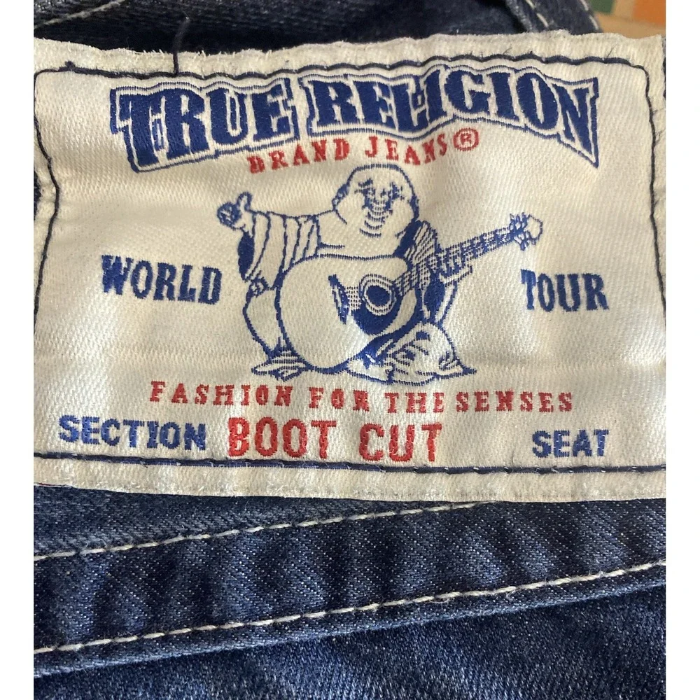 True Religion Boot Cut Blue Denim Jeans Men's Size 42x32 Wide Leg Flap Pockets